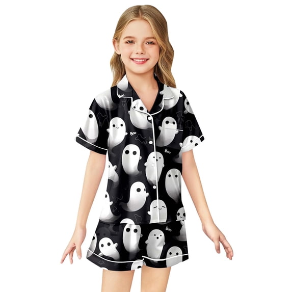 Weebloom Cute Halloween Pajama Sets For Kids Girl Silk Satin Cute Graphic Short Sleeve Button Up Tops And Shorts Summer Fall 2 Piece Set Pjs Jammies
