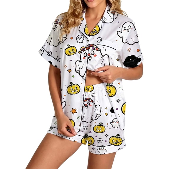 Weebloom Cute Halloween Pajama Sets for Women Pumpkin Short Sleeve Button Up Tops and Shorts Summer Fall 2 Piece Set Soft Pjs Sleepwear,Size S-2Xl