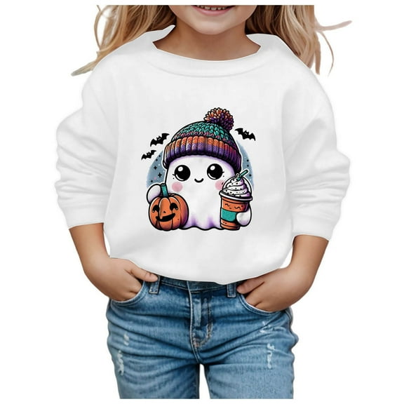 Weebloom Cute Halloween Sweatshirts For Girls Boys Children Fashion Printed Crew Neck Hoodless Long Sleeve Tops Sweatshirt Comfy Dailywear,White