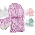 thumbnail image 1 of Weebloom Cute Pajama Sets For Women Silk Satin Pajamas Set 3Pcs Floral Lace With Robe Sleepwear Nightwear Pjs Loungewear Purple L, 1 of 4