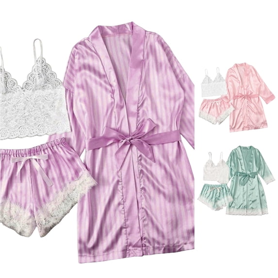 Weebloom Cute Pajama Sets For Women Silk Satin Pajamas Set 3Pcs Floral Lace With Robe Sleepwear Nightwear Pjs Loungewear Purple L
