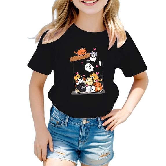 Weebloom Cute Shirts For Kids Girls Kid Cat Fashion Printed Round Neck Short Sleeve Tee Summer Casual Loose Soft Tops For Toddler Youth Tshirts 3-12 Years