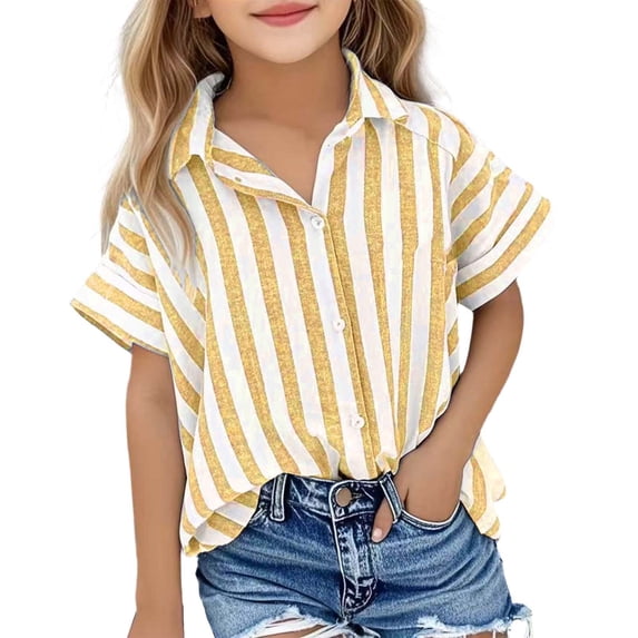 Weebloom Cute Shirts For Kids Girls Striped Casual Shirt Short Sleeve Lapel Open Front Knit Top Loose Fit Fashion Blouse Summer Tees For Toddler Youth Tshirts 5-15 Years