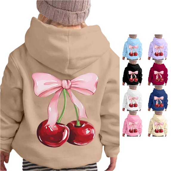 Weebloom Cute Toddler Girls Hoodie Cherry Bow Hoodie Long Sleeve Soft Sweatshirt Graphic Kids Tops Clothes Khaki 3-4 Years
