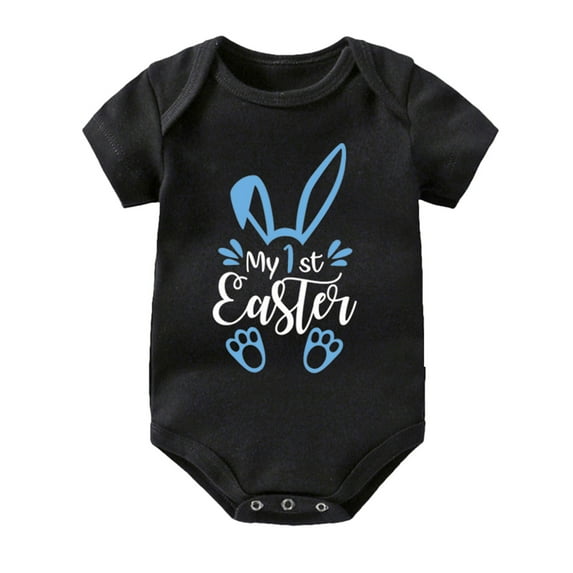 Weebloom Easter Day Baby Boy Girl Outfit Letters Prints Short Sleeve Jumpsuit Bodysuits Cloths Girls Holiday Romper Black 3-6 Months