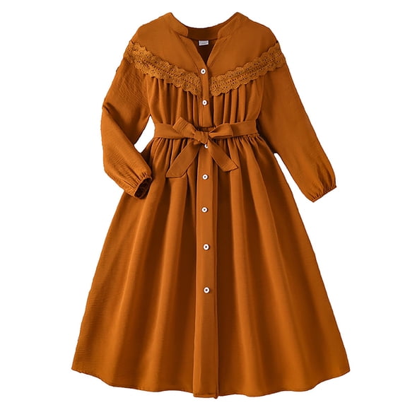 Weebloom Fall Dress For Little Girls Holiday Long Sleeve Lace Dress For Kids Teen Girls' Dresses Orange 7-8 Years