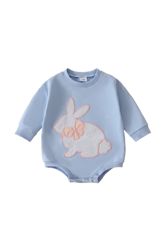 My First Easter Baby Boy Girl Outfit Long Sleeve Cartoon Rabbit Embroider Pullover Sweatshirt Bodysuits Girls Holiday Romper Blue 6-12 Months