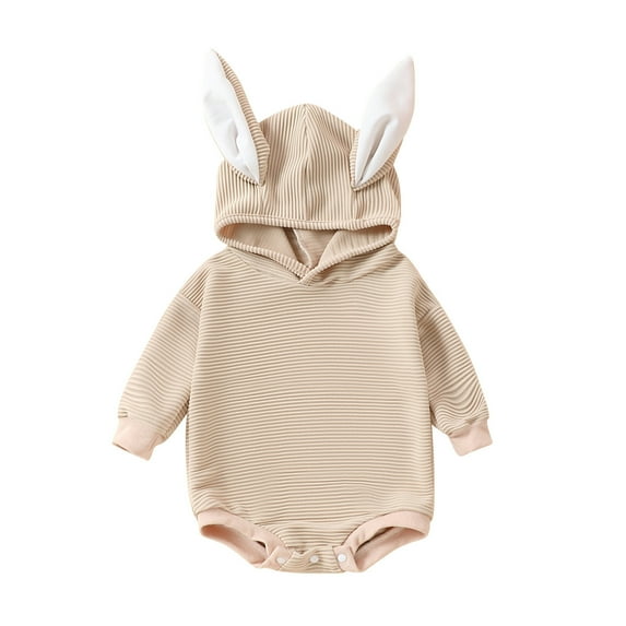 Weebloom My First Easter Baby Boy Girl Outfit Bunny Ear Hooded Jumpsuit Corduroy Cute Suspender Long Sleeve Bodysuit Girls Holiday Romper Beige 0-3 Months