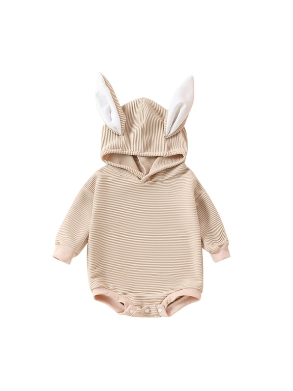 My First Easter Baby Boy Girl Outfit Bunny Ear Hooded Jumpsuit Corduroy Cute Suspender Long Sleeve Bodysuit Girls Holiday Romper Beige 0-3 Months