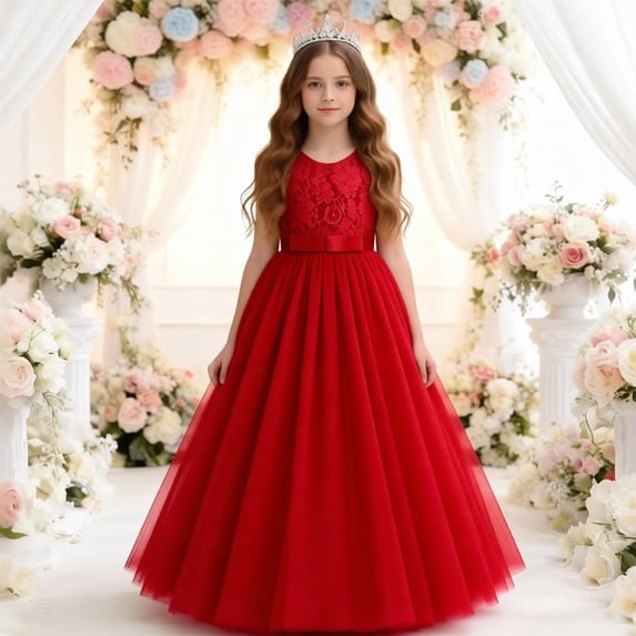 Weebloom Flower Girl Dress Birthday Wedding Elegant Long Sleeveless Dress Lace Formal Gown With Puffy Skirt Parties Party Red Girls Dresses