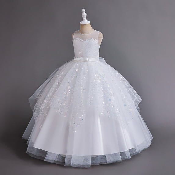 Weebloom Flower Girl Dresses Birthday Wedding Sleeveless Round Neck Formal Party Dress Kids Embroidered Bridesmaid Prom Pageant Maxi Dress White Girls Dresses