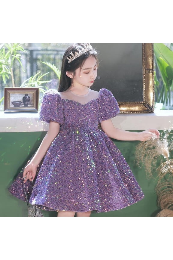 Flower Girl Dresses Birthday Wedding Toddler Kids Cute Puff Sleeve Sequin Glitter Party Gown Princess Formal Dress Purple Girls Dresses
