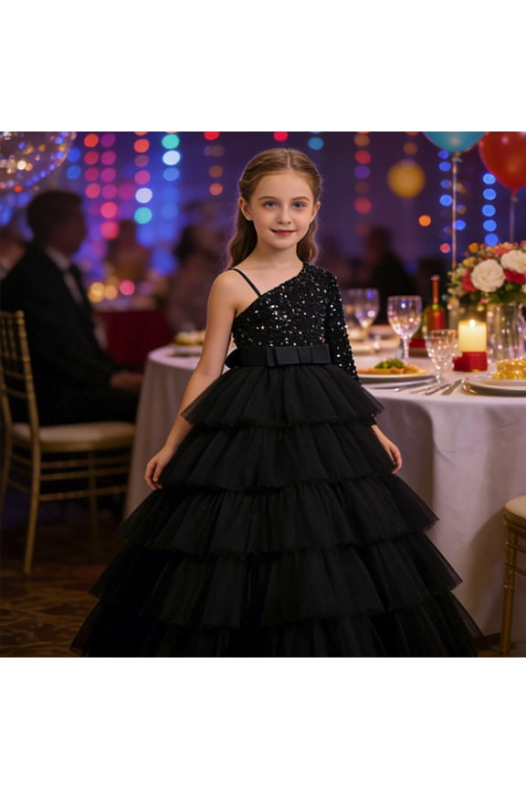 Flower Girl Dresses For Wedding Birthday Sequin Dress Party Piano Recital Evening Gown One Shoulder Elegant Tutu Formal Black Girls Dresses