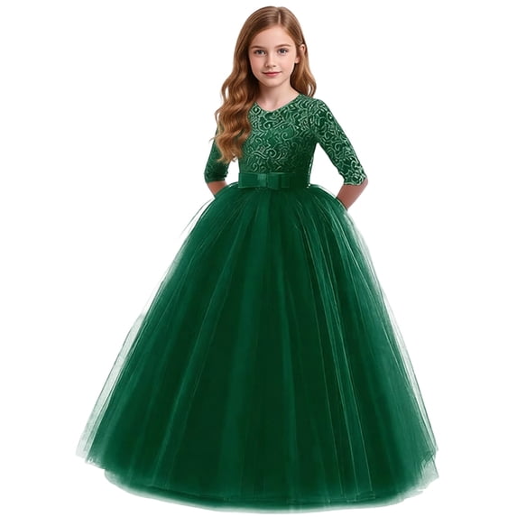 Weebloom Flower Girl Dresses For Wedding Birthday Long Sleeve Kids Performance Dress Formal Lace Clothes Bowknot Party Gown Dresses Dark Green Girls Dresses