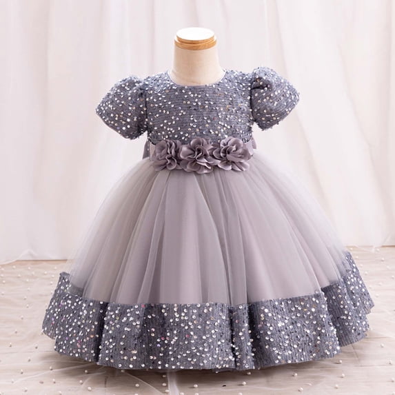 Weebloom Flower Girl Dresses For Wedding Birthday Short Sleeve Fairy Dress Toddlers Glitter Bowknot Floral Party Gown With Skirt Formal Grey Girls Dresses