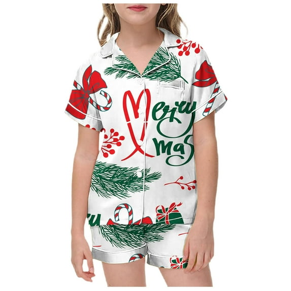 Weebloom Girl Christmas Pajamas Boys Xmas Satin Silk Kids Short Sleeves 2 Piece Button Down Classic Shorts Homewear Pajama White