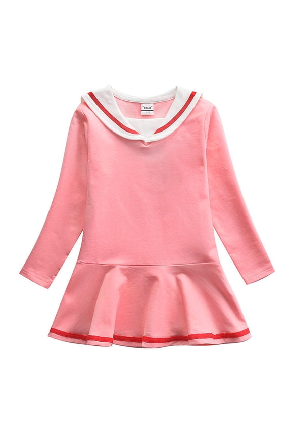 Girl Dress Long Sleeve Nautical Sailor Dress Summer Cute Pleated Skirt Toddler Kids Playwear Pink Girls Dresses