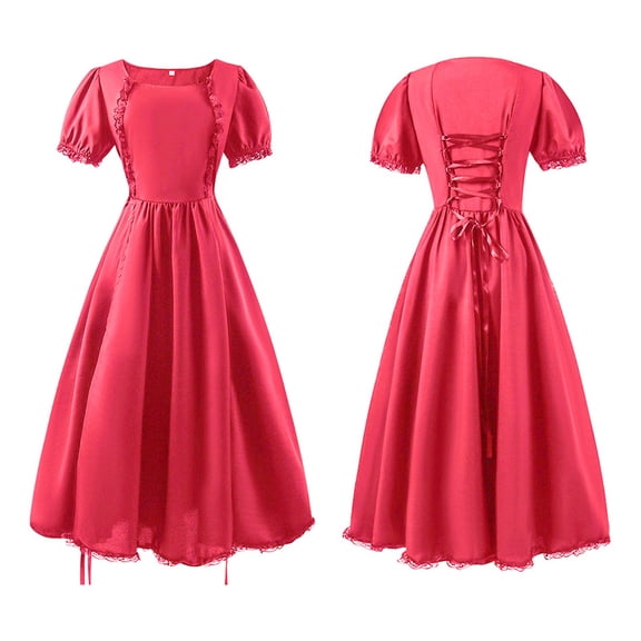 Weebloom Girl Dresses Big Regency Dresses Ruffled Classical Puff Sleeve Empire Waist Dress Gown Red Girls Dresses