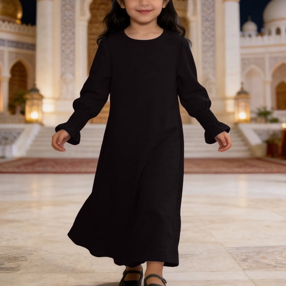 Weebloom Girl Dresses Long Sleeve Elegant Dress With Floral Lace Hem Round Neck Pure Color Party Gown Celebrations Brown Girls Dresses