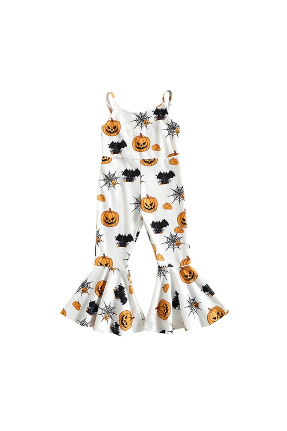 Girl Halloween Rompers Kids Ribbed Jumpsuit Pants Pumpkin Sleeveless Strap Flare Pants Bell Bottom Playsuit Comfy Overalls,White