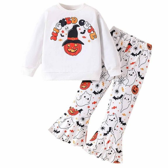 Weebloom Girl Outfit Halloween Set Cartoon Pumpkin Print Top With Bottom Pants Comfortable Casual Party Leisure Girls Outfits White