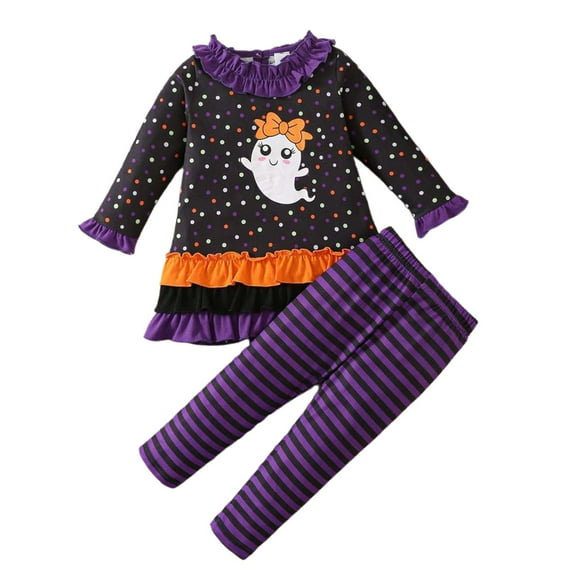 Weebloom Girl Outfit Halloween Set Long Sleeve Top Pants Two Piece With Pumpkin Turkey Print Lace Trim Comfortable Casual Party Wear Leisure Girls Outfits Dark Purple