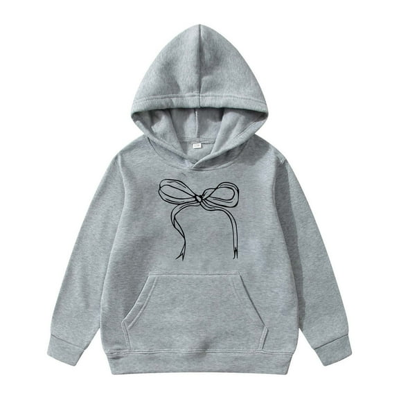 Weebloom Girls Bow Hoodie Children Long Sleeved Hoodie With Printed Bow Tie Outwear Grey 13-14 Years