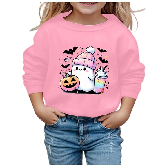 Weebloom Girls Boys Halloween Sweatshirts Pullover Casual Loose Children Round Neck Long Sleeve Hoodie Tops Sweatshirt Loose Dailywear,Pink