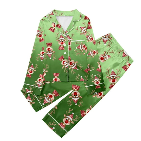 Weebloom Girls Christmas Pajamas Xmas Children Casual Printed Button Down Lapel Long Sleeve Top Pants Set Girls Sleepwear Pajama Green 13-14 Years