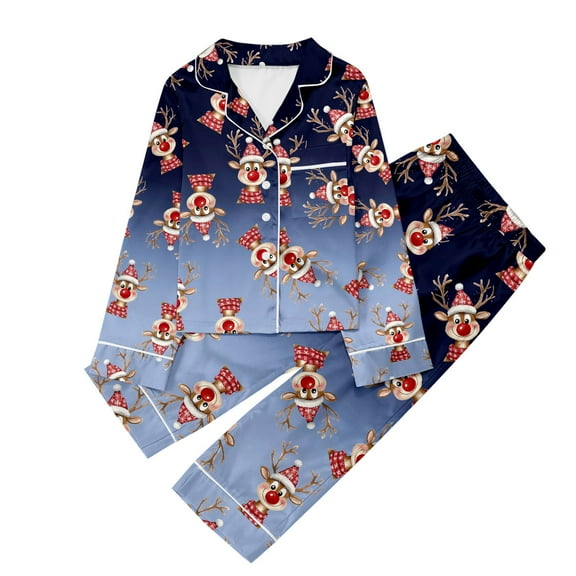 Weebloom Girls Christmas Pajamas Xmas Children Casual Printed Button Down Lapel Long Sleeve Top Pants Set Girls Sleepwear Pajama Sky Blue 13-14 Years
