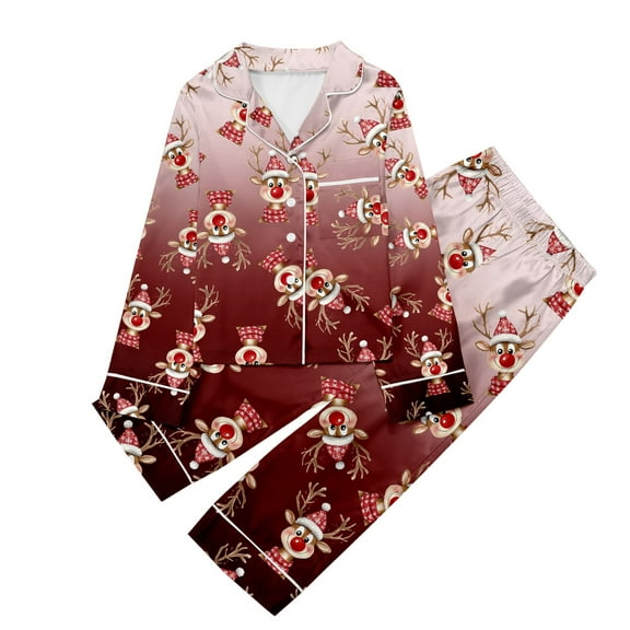 Weebloom Girls Christmas Pajamas Xmas Children Casual Printed Button Down Lapel Long Sleeve Top Pants Set Kids Pajamas Girls Loungewear 3-4 Years