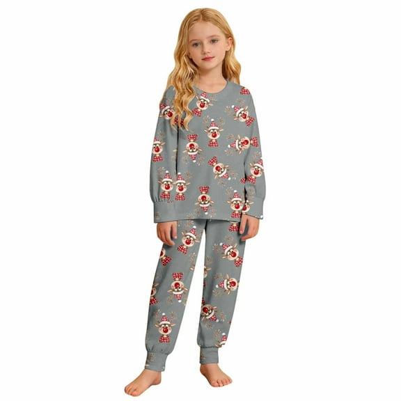 Weebloom Girls Christmas Pajamas Xmas Children Leisure Printed Button Collar Short Sleeved Top Shorts Set Kids Pajamas Girls Loungewear Grey 4-5 Years