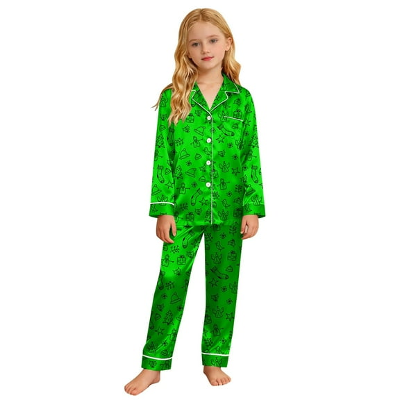 Weebloom Girls Christmas Pajamas Xmas Print Long Sleeve Top Pants Soft Comfortable Holiday Festive Family Outfit Kids Pajamas Girls Loungewear Green 3-4 Years
