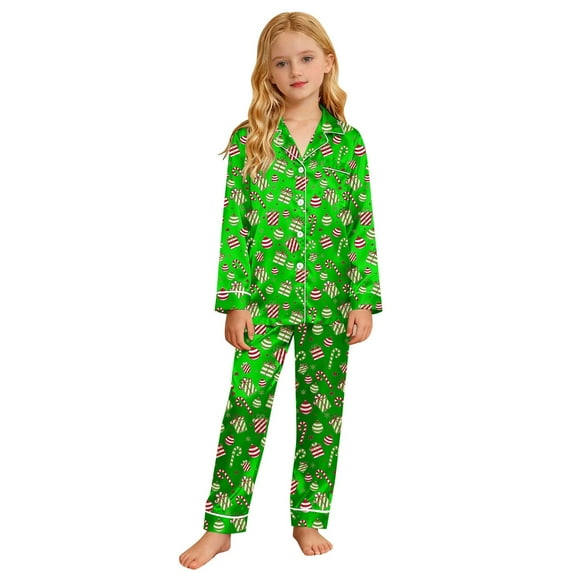 Weebloom Girls Christmas Pajamas Xmas Print Long Sleeve Top With Pants Soft Comfortable Holiday Festive Party Sleepover Family Matching Outfits Girls Pajamas Sleepwear Green 5-6 Years