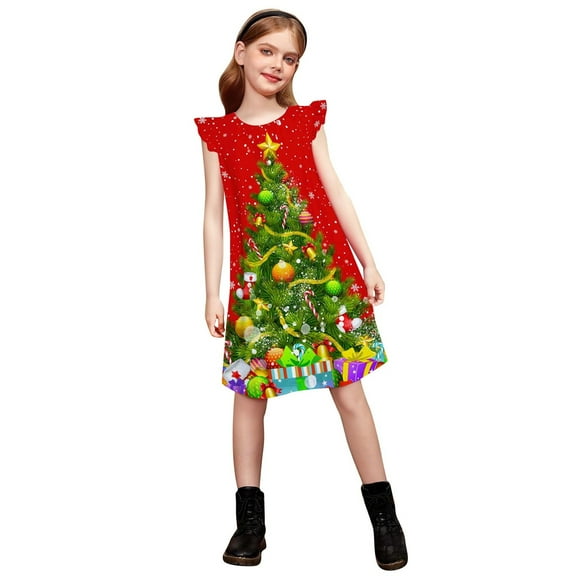 Weebloom Girls Christmas Pajamas Xmas Print Nightgown Flutter Sleeve Dress Soft Kids Holiday Pajama Party Cute Comfortable Bedtime Outfit Pjs Pajamas For Girls Red 7-8 Years
