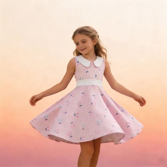 Weebloom Girls Dress With Collar Sleeveless Waist Design Party Performance Pink Girls Sundress