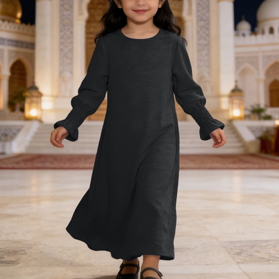 Weebloom Girls' Dresses Long Sleeve Elegant Dress With Floral Lace Hem Round Neck Pure Color Party Gown Celebrations Dark Gray Girls Dresses
