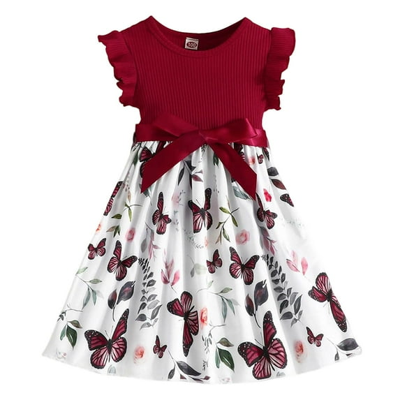 Weebloom Girls' Dresses Print Flutter Sleeve A Line Casual Kids Comfortable Breathable Outfit Toddler Girl Dress 3-4 Years