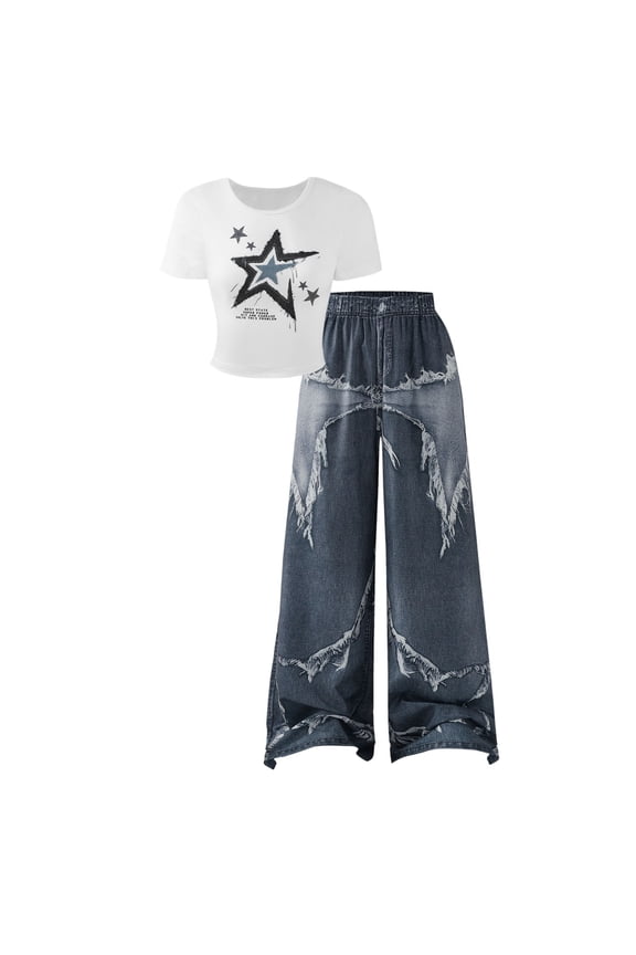 Girls Fall Outfit Star Print Two Piece Fashionable Fitted Tee With Distressed Denim Long Pants Casual Streetwear Style Teen Girl Outfits 9-10 Years