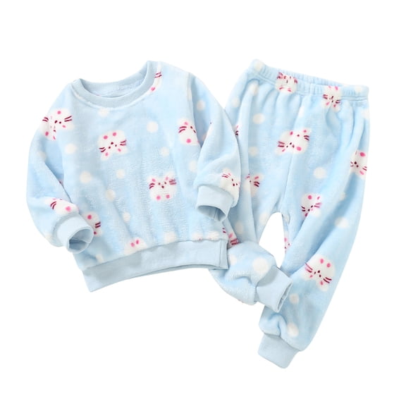 Weebloom Girls Pajamas Flannel Toddler Boys Winter Long Sleeve Cartoon Prints Tops Pants 2Pcs Outfits Clothes Set Pajama Girls Sleepwear Light Blue 12-18 Months
