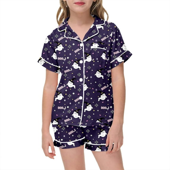 Weebloom Girls Halloween Loungewear 2 Piece Comfortable Wear Soft Home Outfit With Lapel Collar for Dailywear Girl Pjs 6-7 Years