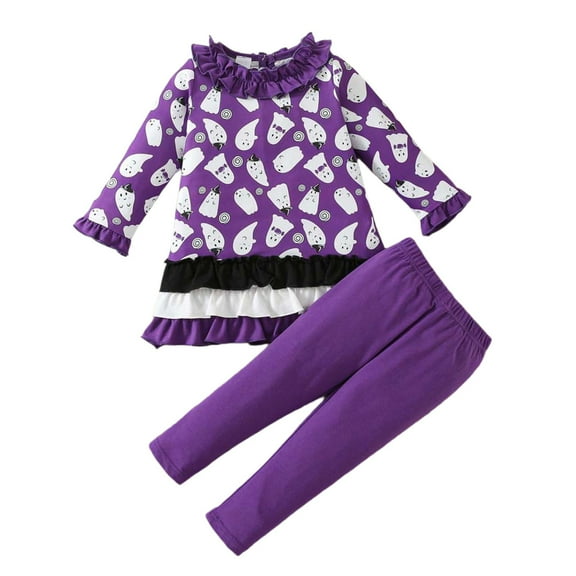 Weebloom Girls Halloween Outfit Set Long Sleeve Top Pants Two Piece With Pumpkin Turkey Print Lace Trim Comfortable Casual Party Wear Soft Girl Outfits Purple