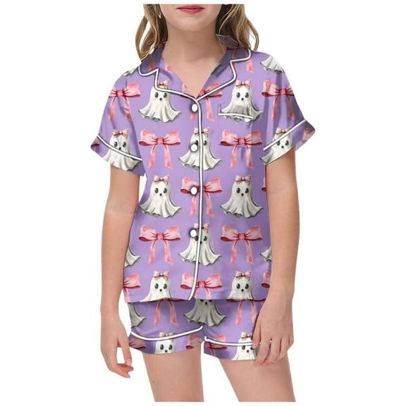 Weebloom Girls Halloween Pjs Hallowmas Outfits 2 Piece Satin Silk Casual Short Sleeve Top With Bow Print and Elastic Waist Shorts for Toddler Comfortable Pajamas for Girls 6-7 Years
