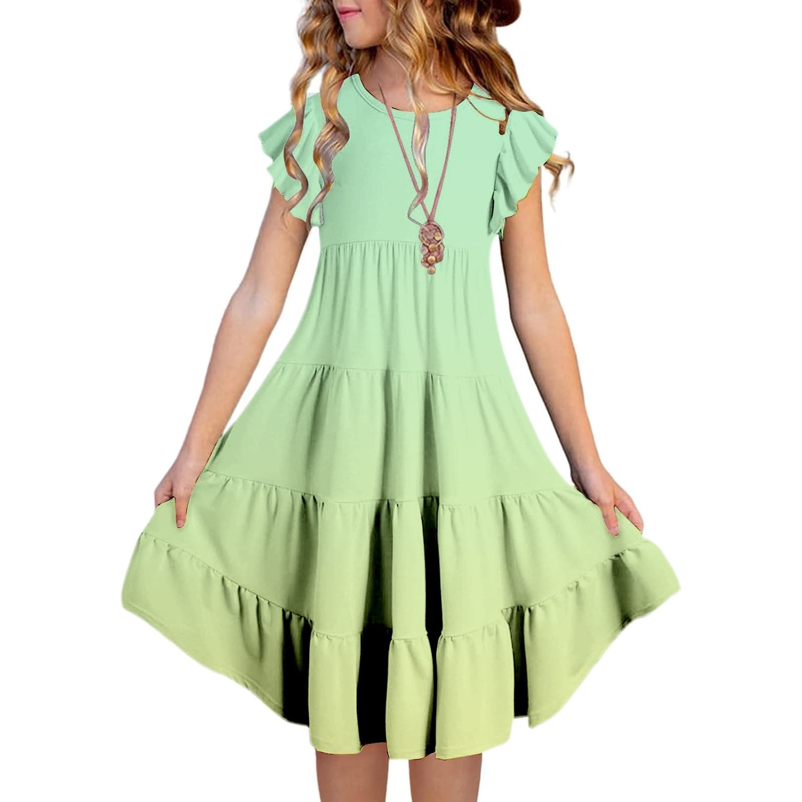 Girls Summer Dress With Ruffle Sleeves - Smocked Top Flowy Dress Ages 6-15