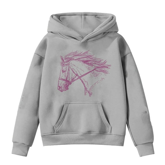 Weebloom Girls Hoodie Kids Horse Print Long Sleeve Hoodies Outwear Grey 10-11 Years