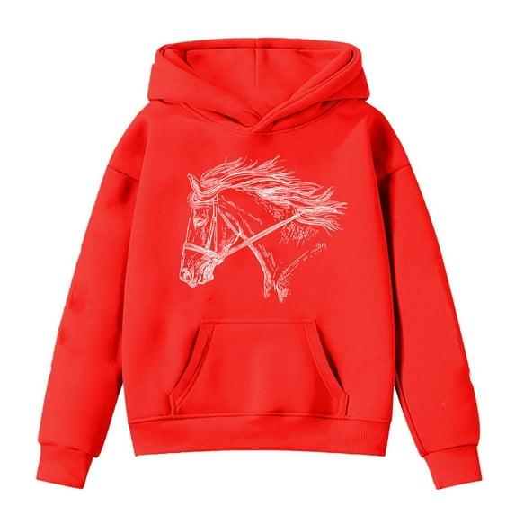 Weebloom Girls Hoodie Kids Horse Print Long Sleeve Hoodies Outwear Red 6-7 Years