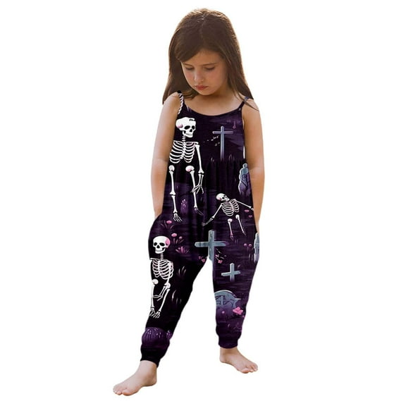 Weebloom Girls' Jumpsuits Rompers Pumpkin Print Sleeveless Jumpsuit With Harem Pants Funny Overalls,Dark Purple