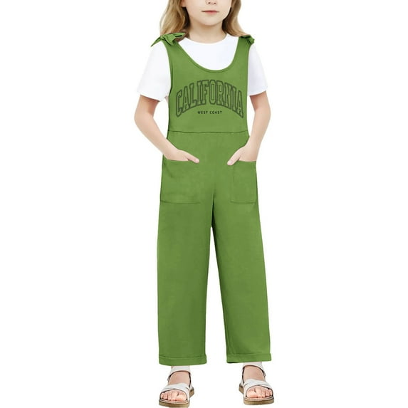 Weebloom Girls Overalls Children Kids Sleeveles Bow Shoulder Strap Romper Jumpsuit Long Straight Pants With Pocket Girls Jumpsuit Green 5-6 Years