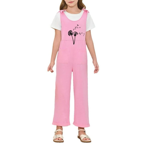 Weebloom Girls Overalls Outdoor Casual School With Round Neck Design Ages 5-14 Comfortable and Stylish With Pockets Girls Jumpsuit Pink 13-14 Years