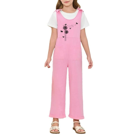 Weebloom Girls Overalls Outdoor Casual School With Round Neck Design Ages 5-14 Comfortable and Stylish With Pockets Girls Jumpsuit Pink 9-10 Years